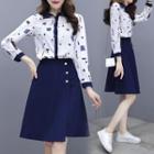 Set Of 2 - Print Long-sleeve Shirt + Plain A-line Skirt