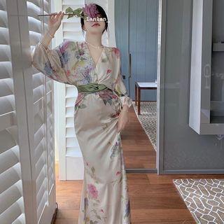 Balloon-sleeve V-neck Print Maxi A-line Dress