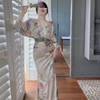 Balloon-sleeve V-neck Print Maxi A-line Dress