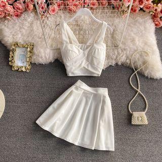 Set: Cross Strap Crop Camisole + Pleated Mini Skirt White - One Size