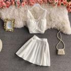 Set: Cross Strap Crop Camisole + Pleated Mini Skirt White - One Size