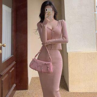 Set : V-neck Cardigan + High-waist Midi Skirt Pink - One Size