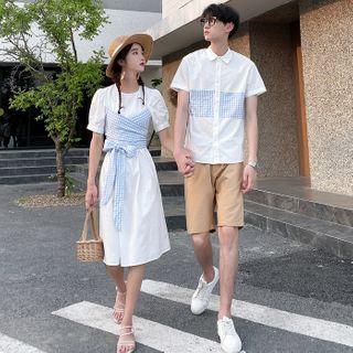 Couple Matching Gingham Panel Short-sleeve Shirt / Mock Two-piece Shift Dress