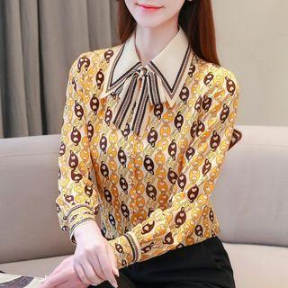 Long-sleeve Printed Tie-neck Satin Blouse