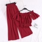 Set: Cropped Short-sleeve Top + High Waist Cropped Wide-leg Pants
