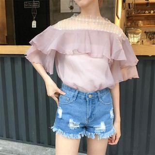 Mesh Panel Ruffle Trim Elbow Sleeve Chiffon Top