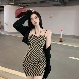 Strappy Checkered Mini Bodycon Dress / Cardigan