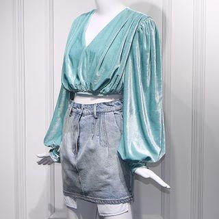 Cropped Velvet Top / Mini Denim Skirt
