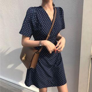 Short Sleeve V-neck Dotted Wrapped A-line Dress
