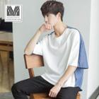 Elbow-sleeve Loose-fit Striped Panel T-shirt