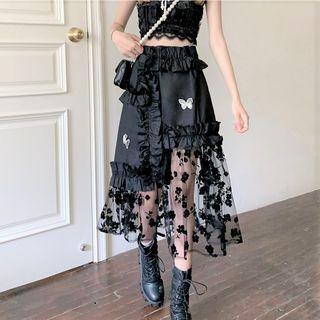 Ruffled Mesh Hem Midi A-line Skirt
