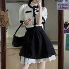 Puff-sleeve Bow Lace Blouse / Mini A-line Skirt