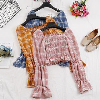 Ruffle Hem Ruched Plaid Cropped Top
