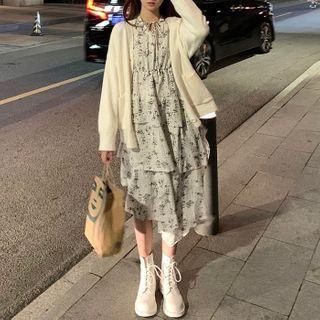 Long-sleeve Floral Print Tie-neck Midi A-line Dress / Cardigan