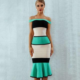Off Shoulder Colour-block Frill Hem Bandage Dress