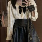 Ribbon Blouse / Faux Leather Mini A-line Skirt