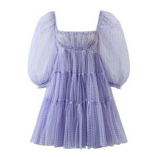 Balloon-sleeve Plaid Mesh Mini A-line Dress