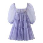Balloon-sleeve Plaid Mesh Mini A-line Dress