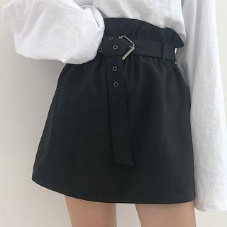 Plain Long-sleeve T-shirt / Paperbag Waist A-line Skirt