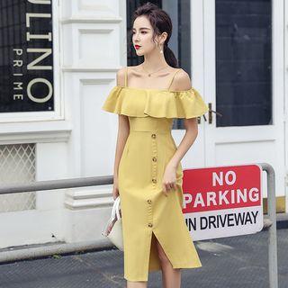 Short-sleeve Cold Shoulder Ruffled Buttoned Midi Dress