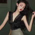 Sleeveless V-neck Lace Trim Velvet Top
