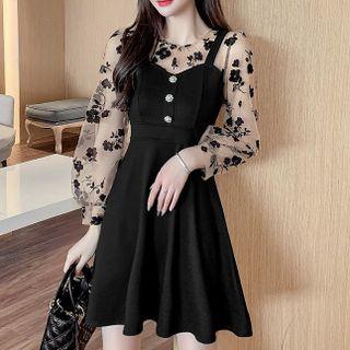Long-sleeve Floral Mesh Panel Mini Dress