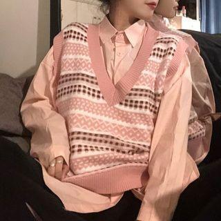 Patterned Sweater Vest / Plain Shirt / Set