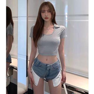 Collared U-neck Crop T-shirt / Pocket-details Denim Hot Shorts