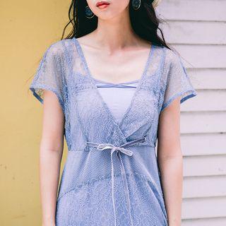 Set: Short-sleeve Midi A-line Lace Dress + Slipdress