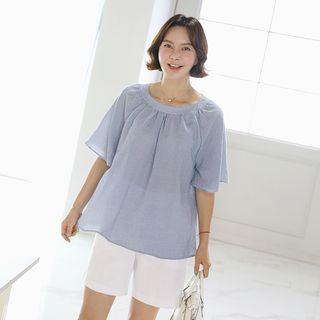 Round-neck Check Top Sky Blue - One Size