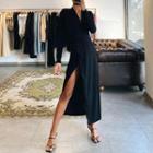 Long-sleeve V-neck Plain Elastic-waist Dress