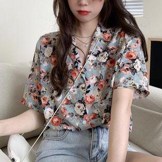 Elbow-sleeve Print Chiffon Shirt / Short-sleeve T-shirt