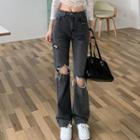 Regular Waist Ripped Straight Leg Jeans