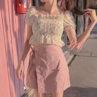 Short-sleeve Flower Print Cropped Blouse / Asymmetrical Mini A-line Skirt
