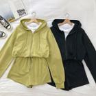 Set:plain Zip Long-sleeve Hooded Sweatshirt + High-waist Shorts / Plain Crewneck Short-sleeve Top