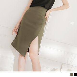 High Waist Plain High-low Slit Skirt