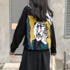 Cartoon Embroidered Long-sleeve Knit Top Black - One Size