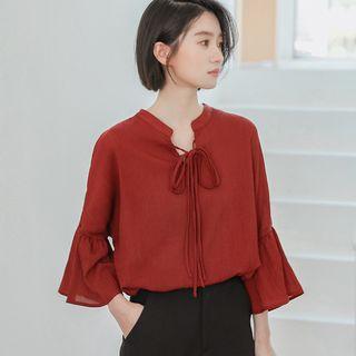 Elbow-sleeve Chiffon Blouse Wine Red - One Size