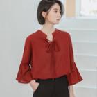 Elbow-sleeve Chiffon Blouse Wine Red - One Size