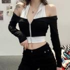 Cold-shoulder Paneled Zip-up T-shirt