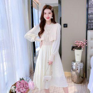Long-sleeve Knit Panel Lace A-line Dress
