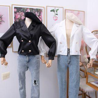 Double-breasted Satin V-neck Blouse