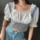 Mock Two-piece Short-sleeve Plaid Crop Top
