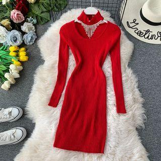 Rhinestone Detail Halter Sheath Knit Dress
