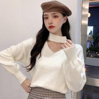 Lantern-sleeve Choker Knit Top