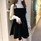 Set: Long-sleeve Mesh Top + Velvet Mini A-line Pinafore Dress