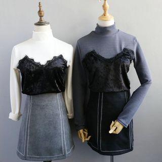Long-sleeve Lace Panel Mock Neck T-shirt