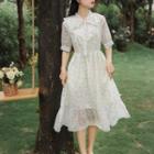 Short-sleeve Tie-front Floral Print Midi A-line Dress