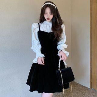 Flared-cuff Blouse / Bow-back Overall Dress / Set