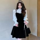 Flared-cuff Blouse / Bow-back Overall Dress / Set